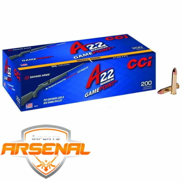 Munição CCI 22WMR MAGUM GAMEPOINT JACKETED SOFT POINT 35GR – CX200